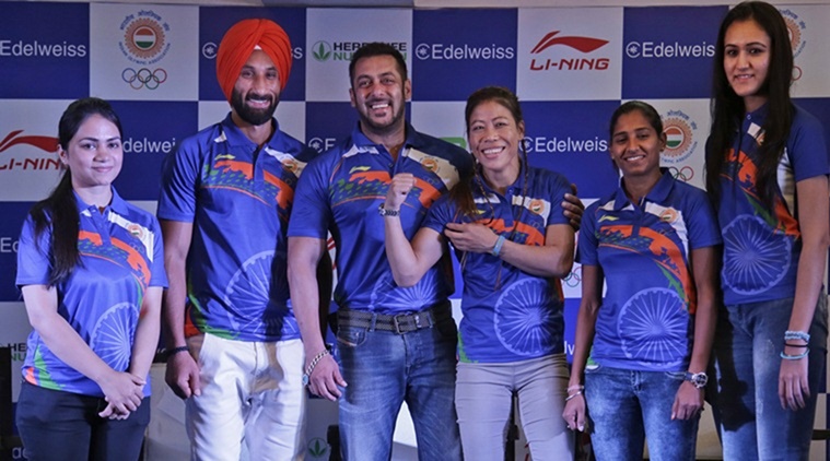 Indian Contingent for Rio Olympics 2016  Deepika Kumari, left, Sardar Singh, second left, Manika Batra, right, Ritu Rani, second right and Indian boxer Mary Kom, third from right, pose with Bollywood actor Salman Khan, centre, at an event to announce Khan as the goodwill ambassador for Rio Olympics 2016 in New Delhi, India, Saturday, April 23, 2016. (AP Photo/Altaf Qadri)
