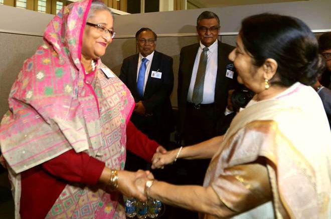 Rohingya crisis: Sushma Swaraj meets Sheikh Hasina, no discussion on ongoing issue so far